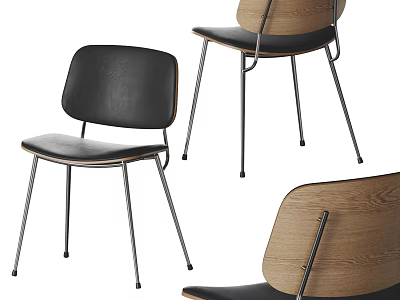 Modern Dining Chairs With Wooden Backrest Black Seat And Metal Legs Design 3d model