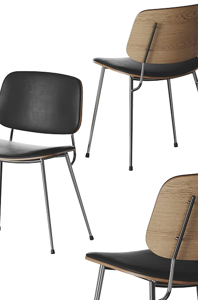 Modern Dining Chairs With Wooden Backrest Black Seat And Metal Legs Design 3d model
