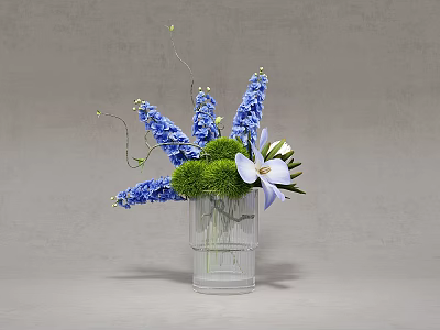 Transparent Glass Vase With Blue Flowers Green Foliage And White Orchid 3d model