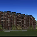 Classic Red Brick Townhouse With Multiple Windows Dark Roof Green Lawn And Trees