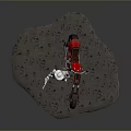Man in Silver Armor With Helmet Holding Gun Near Red Motorcycle on Gray Rocky Platform
