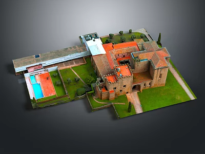 Ancient Architecture Traditional Stone Structure Red Tiled Roofs Towers Courtyard And Green Lawn 3d model