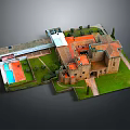 Ancient Architecture Traditional Stone Structure Red Tiled Roofs Towers Courtyard And Green Lawn
