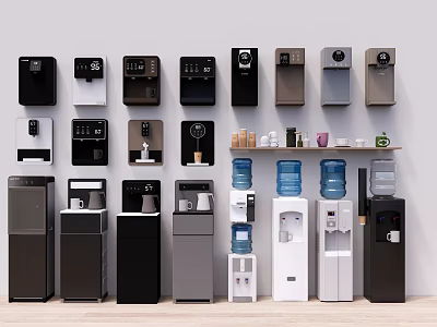 Various Water Dispensers And Coffee Machines Arranged Along Wall With Different Colors Styles Standing Countertop 3d model