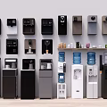 Various Water Dispensers And Coffee Machines Arranged Along Wall With Different Colors Styles Standing Countertop