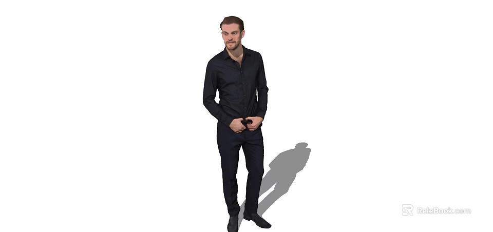Man In Black Shirt And Dark Pants Standing With Hands In Pockets On White Background 3d model 