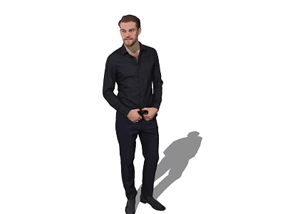 Man In Black Shirt And Dark Pants Standing With Hands In Pockets On White Background 3d model