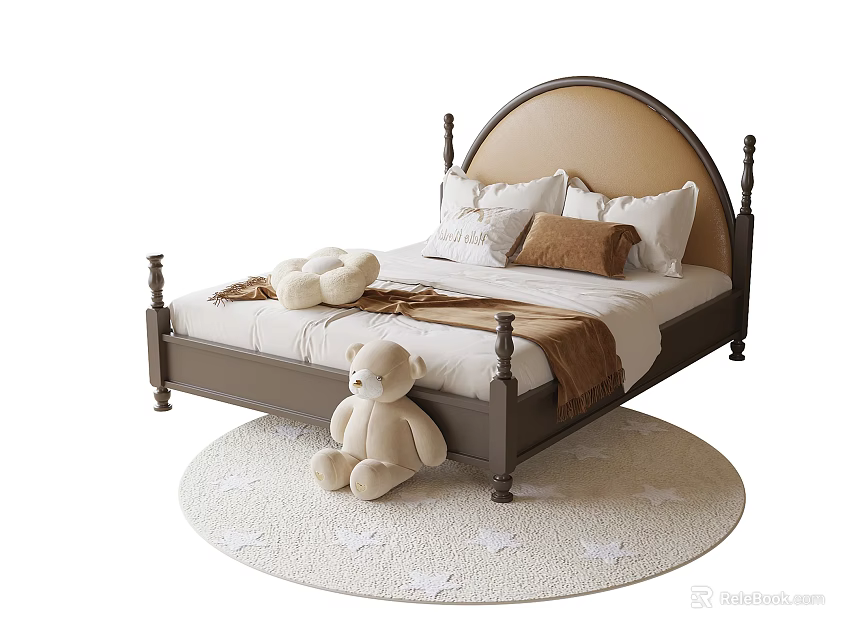 Cozy Kids Bed with White Pillows Brown Cushion and Teddy Bear on Round Star Rug 3d model 