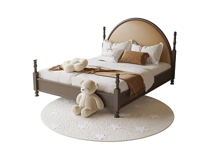 Cozy Kids Bed with White Pillows Brown Cushion and Teddy Bear on Round Star Rug 3d model