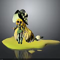 Green Hat Character With Yellow Long Hair And Small Yellow Creature On Yellow Platform