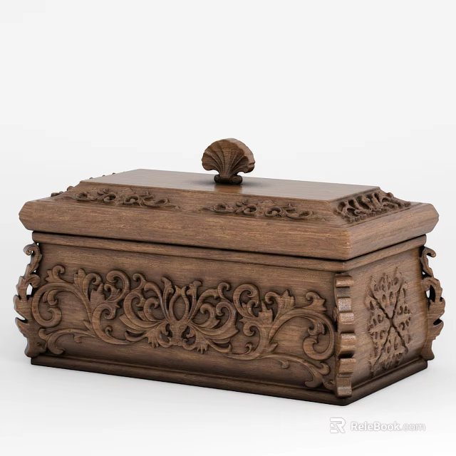 Vintage Wooden Carved Box With Shell Handle And Intricate Decorative Patterns 3d model 