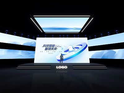 Intelligent Tech Stage with Large Screen Speaker and Future Themed Blue Backdrop 3d model