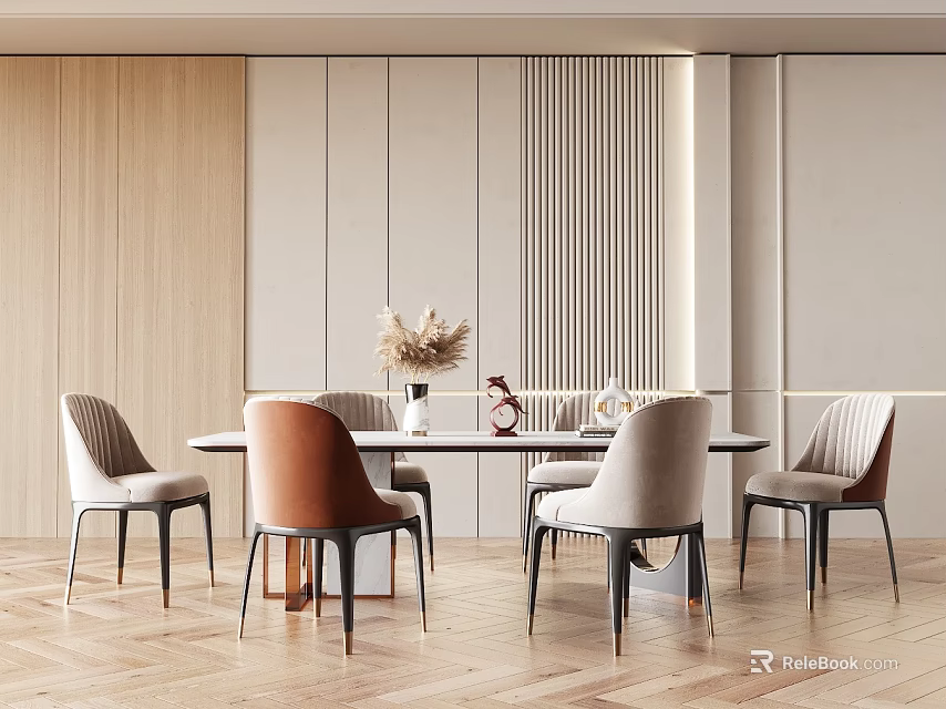 Modern Dining Table Set With Upholstered Chairs In Light Wooden Interior Design 3d model