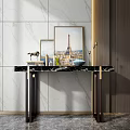 Elegant Modern Console Table Interior With Marble Wall Metal Frame And Decorative Paintings 3d model