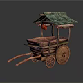 Traditional Wooden Hand Cart With Turquoise Tiled Roof Hanging Gourd And Wooden Wheels