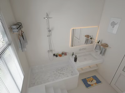 Bright Modern Bathroom Interior With White Bathtub Backlit Mirror Vanity Sink And Rug 3d model