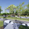 Garden Landscape Design With Lush Trees Yellow Seating And Paved Recreation Area