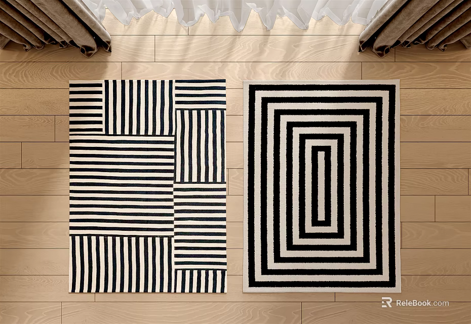 Stylish Modern Square Rugs Featuring Geometric Striped And Concentric Rectangular Patterns On Wooden Floor 3d model