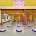 Sacred Buddhist Temple Interior With Golden Ceiling Lotus Chandelier And Buddha Statues
