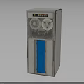 Modern Water Dispenser With Dual Circular Taps Blue Front Panel And Gray Body