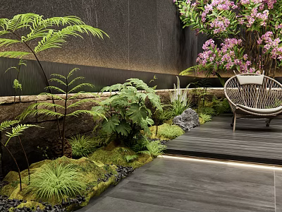 Indoor Landscape With Lush Green Ferns Pink Flowers Moss Rattan Chair And Wooden Deck 3d model