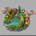 Circular Miniature Landscape Architecture With Small Bridge Blue Stream Colorful Trees And Stone Edges