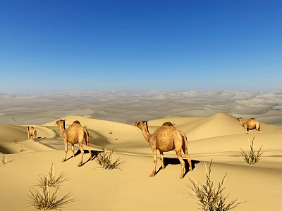 Desert Landscape With Camels Walking Across Golden Sand Dunes Under Blue Sky 3d model