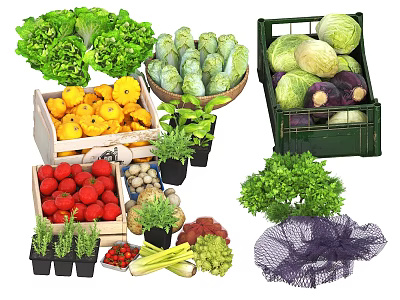 Fresh Assorted Vegetables Including Lettuce Cabbage Yellow Squash Strawberries In Wooden Crates And Baskets 3d model