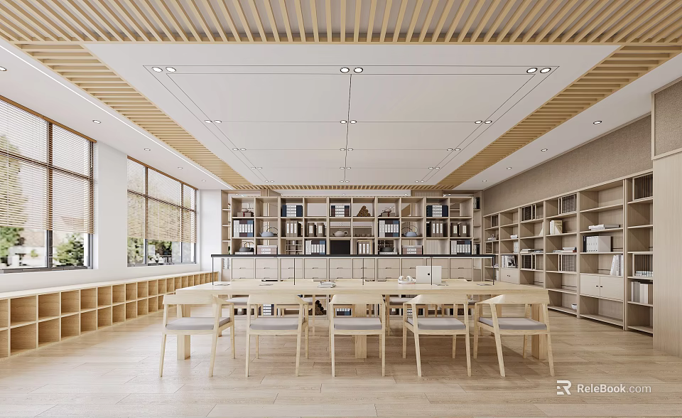 Minimalist Book Art Space With Wooden Shelves Tables And Chairs 3d model 