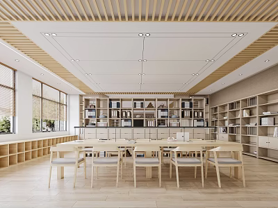 Minimalist Book Art Space With Wooden Shelves Tables And Chairs 3d model