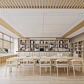Minimalist Book Art Space With Wooden Shelves Tables And Chairs