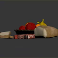Fresh Assorted Food With Fruit Basket Bread Raw Beef Steak And Cheese Slices