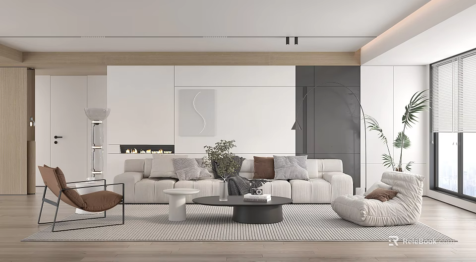 Modern Living Room Interior With White Sofa Multiple Cushions Black Coffee Table And Green Plants 3d model 