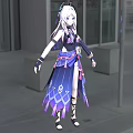 Anime Woman With White Long Hair Blue Eyes Purple Black Outfit In Modern Glass Building