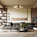 Quiet ancient style living room sofa background wall sofa coffee table combination chandelier 3d model