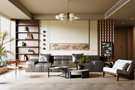 Quiet ancient style living room sofa background wall sofa coffee table combination chandelier 3d model