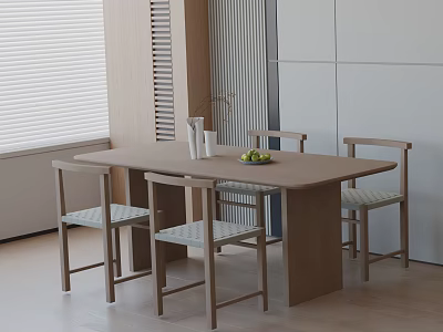 Minimalist Wooden Dining Table Set With Four Chairs And Fruit Bowl In Interior Space 3d model