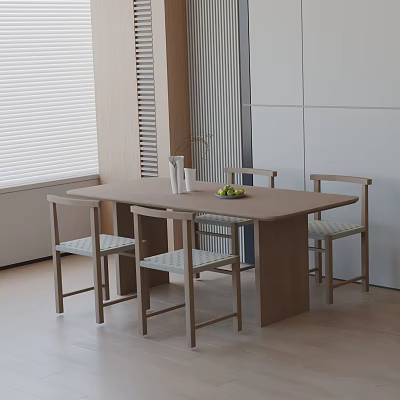 Minimalist Wooden Dining Table Set With Four Chairs And Fruit Bowl In Interior Space 3d model