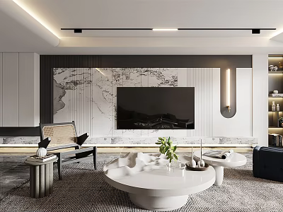 Elegant Modern Living Room Interior With Marble TV Wall And Round Coffee Table 3d model