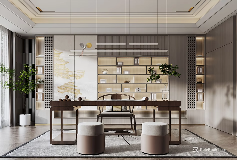 Traditional Chinese Study Room Interior Design With Writing Desk Green Plants And Built in Bookshelves 3d model 