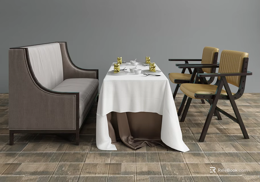 Upholstered Bench And Armchairs Around Dining Table With Golden Tableware On Tile Floor 3d model 