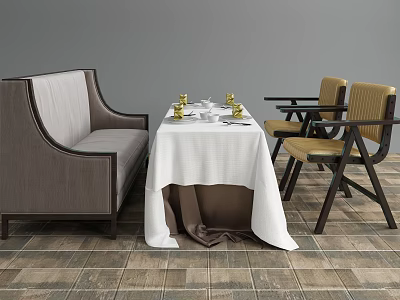 Upholstered Bench And Armchairs Around Dining Table With Golden Tableware On Tile Floor 3d model