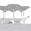 Modern Garden Landscape With White Umbrella Like Structures And Water Reflection 3d model