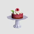 Red Cake With White Cream Topping Pink Flower And Green Leaf On White Stand