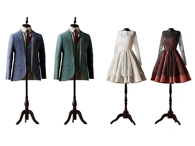 Men's Suits And Women's Dresses With Different Colors And Lace Details On Mannequins 3d model
