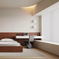 Modern Bedroom Interior With Wooden Bed Study Desk And Pendant Light