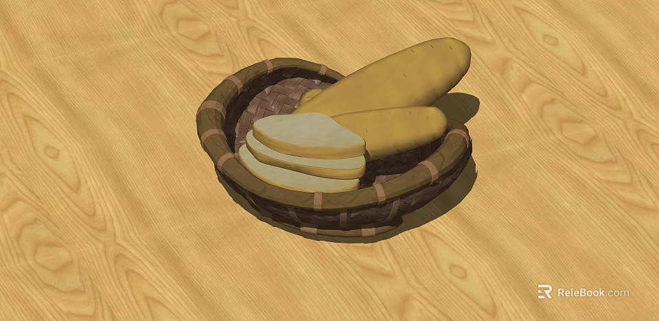 Fresh Loaf of Bread and Sliced Pieces in Wicker Basket on Wooden Table 3d model 