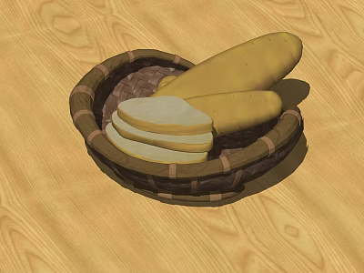 Fresh Loaf of Bread and Sliced Pieces in Wicker Basket on Wooden Table 3d model