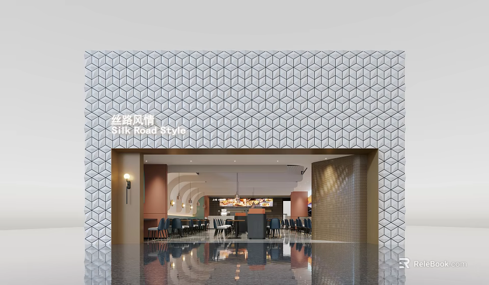 Silk Road Themed Restaurant With Hexagonal Tile Exterior Warm Interior Chandeliers And Dining Space 3d model 
