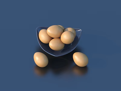 Light Brown Eggs in Dark Blue Bowl on Blue Background with Two Extra Eggs Outside 3d model